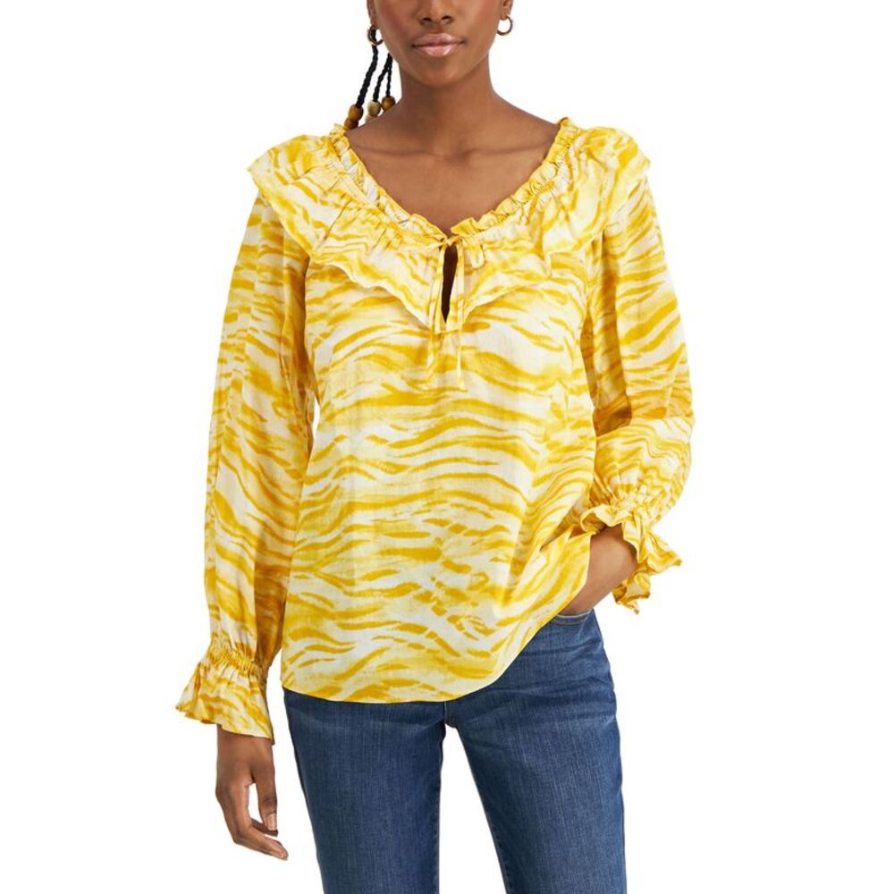 INC International Concepts Petite Tiger Print Tie Front Ruffled Blouse